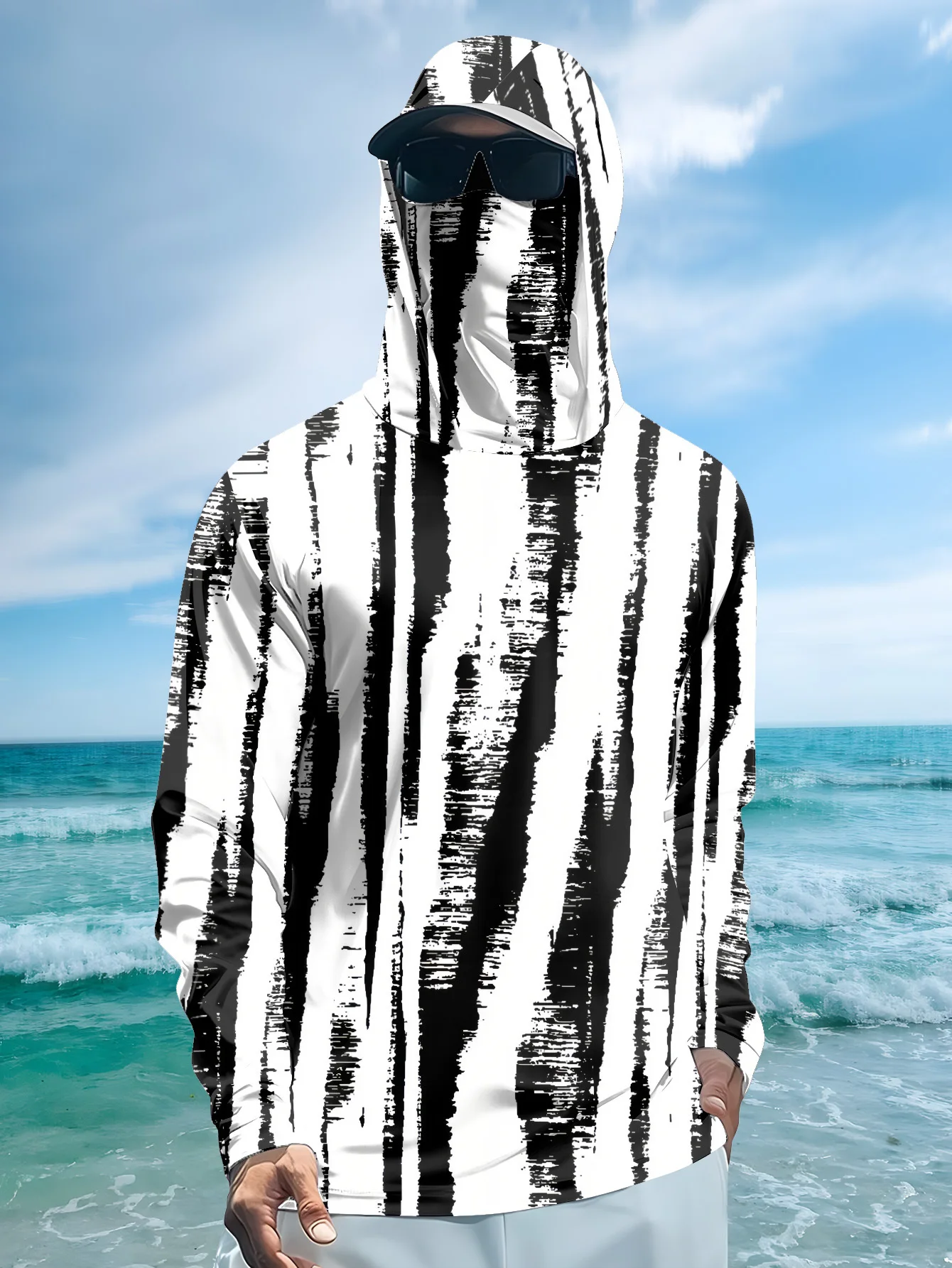 Fishing Mask Sun Protection - Heren zwart-wit gestreepte vis-hoodie met gezichtsmasker,
